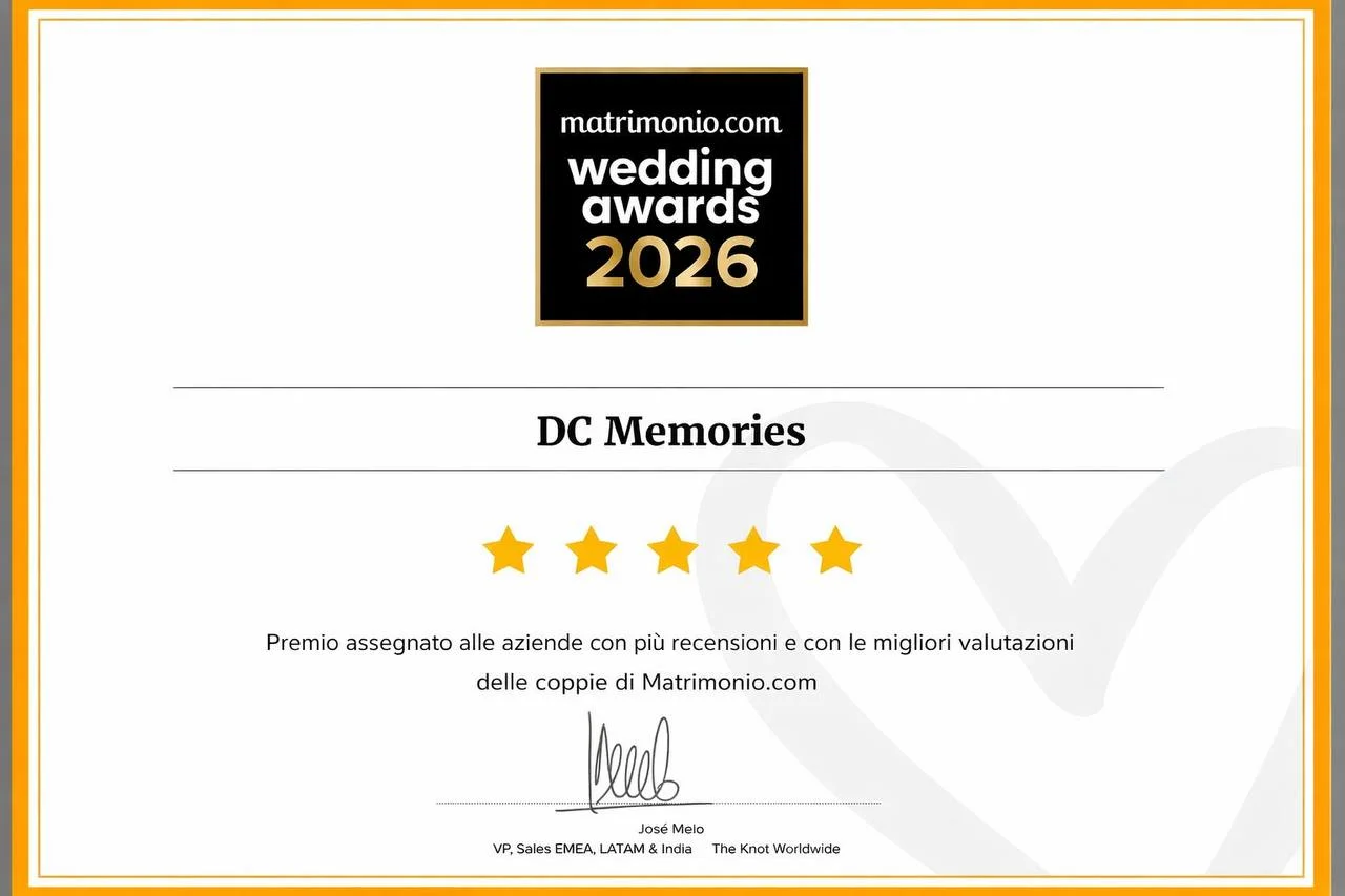 Attestato Wedding Awards 2026 di Matrimonio.com assegnato a DC Memories